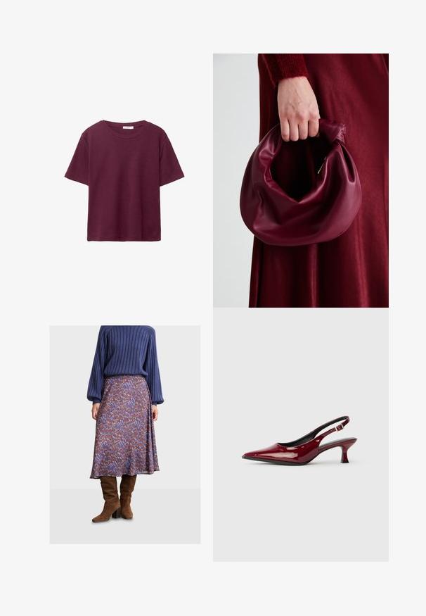Burgundy kortärmad T-shirt i mjuk bomull. Har en klassisk rund halsringning och en avslappnad passform. Enfärgad, utan mönster eller detaljer.; Utsvängd, knälång kjol i ett mönstrat tyg med blått, rött och brunt. Matchad med knähöga bruna mocka stövlar och en ribbade tröja.; Burgundy lackläder slingback klackar med spetsig tå och en elegant stiletto-häl. Öppen bakdesign med justerbar ankelrem.; Burgundy läderhandväska med en mjuk, samlad design och rundad form. Handtaget är säkrat och visar en slät yta.