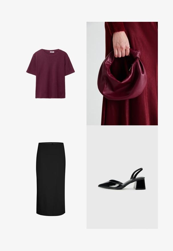Burgundy kortärmad T-shirt i mjuk bomull. Har en klassisk rund halsringning och en avslappnad passform. Enfärgad, utan mönster eller detaljer.; Svart penningkjol i ett slätt tyg, med en figursydd design, knälång längd och en asymmetrisk sömdetalj på ena sidan.; Svarta lackläder slingback klackar med spetsig tå och geometrisk klack. Har en elegant, minimalistisk design och slät yta.; Burgundy läderhandväska med en mjuk, samlad design och rundad form. Handtaget är säkrat och visar en slät yta.