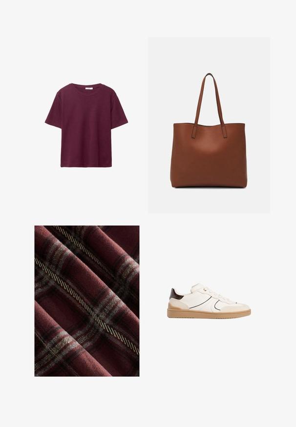 Bordeaux kortærmet T-shirt lavet af blødt bomuld. Har en klassisk rund halsudskæring og en afslappet pasform. Ensfarvet tekstur, ingen mønstre eller accenter.; Rutet stof i bordeaux og grå, der fremhæver en blød tekstur med markante sorte og creme linjer samt et vævet mønster hele vejen igennem.; Stradivarius Sneakers - white; Brun læder tote taske med en glat overflade, åben topdesign og to skulderremme. Har minimal syning og ingen synlig hardware.