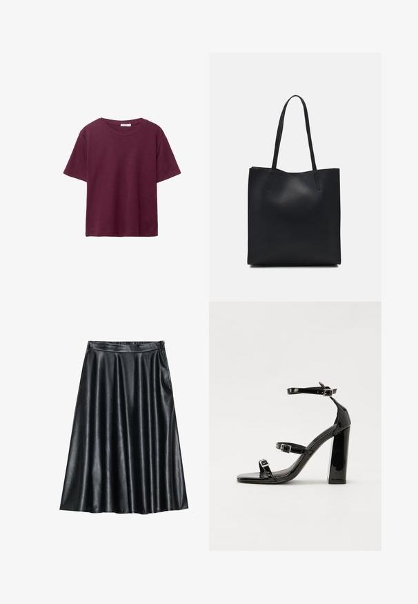 Burgunderfarbene Kurzarm-T-Shirt aus weicher Baumwolle. Mit einem klassischen Rundhalsausschnitt und einer lockeren Passform. Einfarbig, ohne Muster oder Akzente.; Schwarzer Kunstleder-A-Linie-Rock mit glatter, glänzender Textur, der ein gefälteltes Design und einen elastischen Bund für zusätzlichen Komfort bietet.; Schwarze patentierte Sandalen mit Absatz, quadratischer Spitze, Knöchelriemen und silbernen Schnallen. Mit einem stabilen Blockabsatz für mehr Stabilität.; Schwarze Laptoptasche aus Leder mit glatter Textur, rechteckiger Form und zwei langen Griffen. Keine sichtbaren Beschläge oder Verzierungen.