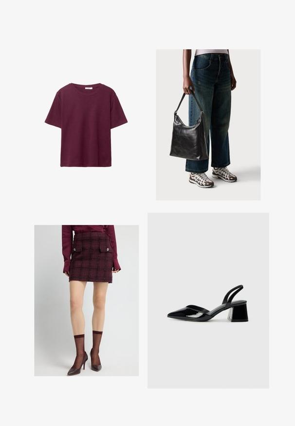 Burgundy lyhythihainen T-paita, joka on valmistettu pehmeästä puuvillasta. Siinä on klassinen pyöreä kaula-aukko ja rento istuvuus. Yksinkertainen pinta, ei kuvioita tai koristeita.; Burgundy tweed minihame, jossa on ruudullinen kuvio, kahtena etutaskuna ja koristepainikkeilla. Yhdistetty läpinäkyviin burgundy-sukkiin ja korkokenkiin.; Mustat patentoitu nahkakengät, joissa on säären takaosa ja terävä kärki, sekä geometrinen palikkakorko. Sisältää tyylikkään, minimalistisen muotoilun ja sileän pinnan.; Musta nahkainen olkalaukku, jossa on sileä pinta ja säädettävä hihna, yhdistettynä haalistuneisiin leveälahkeisiin farkkuihin ja urheilukenkien kanssa.