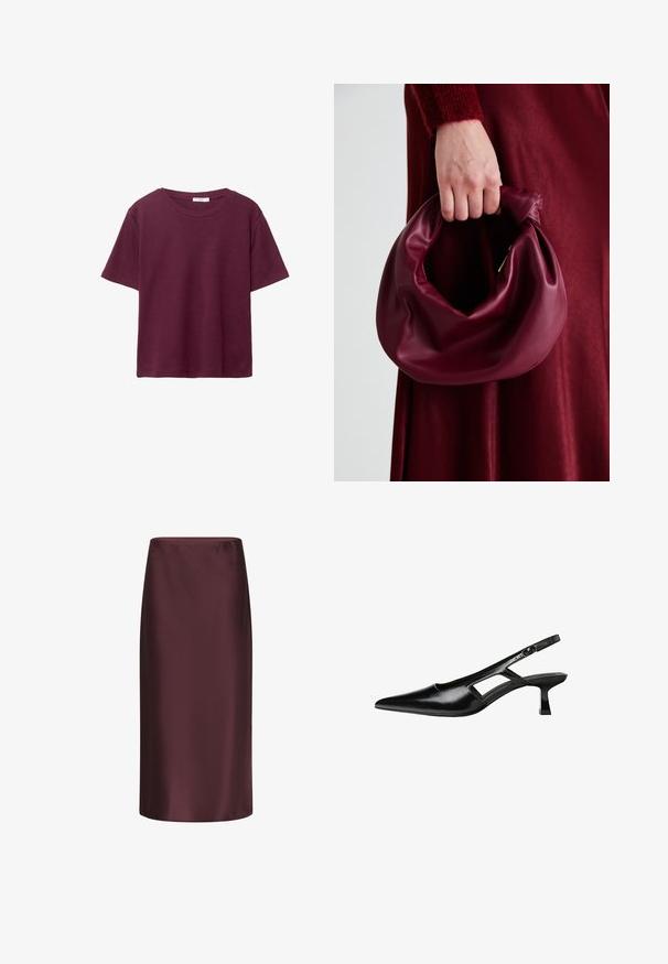 Bordo kratka majica z dolgimi rokavi iz mehkega bombaža. Ima klasičen krogec za vrat in sproščen kroj. Enostavna tekstura, brez vzorcev ali dodatkov.; Burgundska satenska svinčasta krilna z gladko teksturo, srednje dolžine, s prilegajočim silhueto in subtilnim leskom.; Črne patentični usnjeni salonarji s slingback designom, z zašiljenim nosom, izrezanim stranskim dizajnom in majhnim kvadratnim peto. Gladka tekstura z minimalnimi detajli.; Bordo usnjeni ročni torbici s mehak, nabrana zasnova in okrogla oblika. Ročaj je varen in prikazuje gladko teksturo.