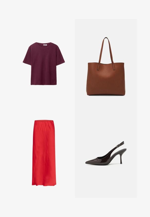 Bordowa koszulka z krótkim rękawem wykonana z miękkiej bawełny. Posiada klasyczny okrągły dekolt i luźny krój. Gładka tekstura, bez wzorów ani akcentów.; Czerwona maksiszka wykonana z lekkiej tkaniny, z elastycznym pasem i gładkim, swobodnym fasonem. Bez wzorów ani ozdób.; Sandały na obcasie typu slingback z błyszczącej ciemno-brązowej lakierowanej skóry, w szpic, z otwartymi bokami i regulowanym paskiem wokół kostki.; Brązowa skórzana torba tote o gładkiej fakturze, z otwartym wierzchem i dwoma ramiączkami. Charakteryzuje się minimalnym przeszyciem i brakiem widocznych elementów metalowych.