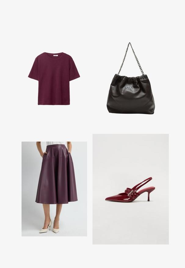 Vínová krátkosrstá trička vyrobené z měkké bavlny. Má klasický kulatý výstřih a volný střih. Hladký povrch, bez vzorů nebo akcentů.; Žena v tmavě fialové kožené sukni po kolena s kapsami a bílých špičatých lodičkách, stojící na jednobarevném pozadí.; Červené lakované kožené lodičky na podpatku s špičatou špičkou, dvěma přezkami a štíhlým, středně vysokým jehlovým podpatkem. Hladký povrch.; Hnědá kožená taška se sbíraným vrškem a řetízkovým popruhem. Hladký povrch s lesklým finišem a jemným švem na bocích.
