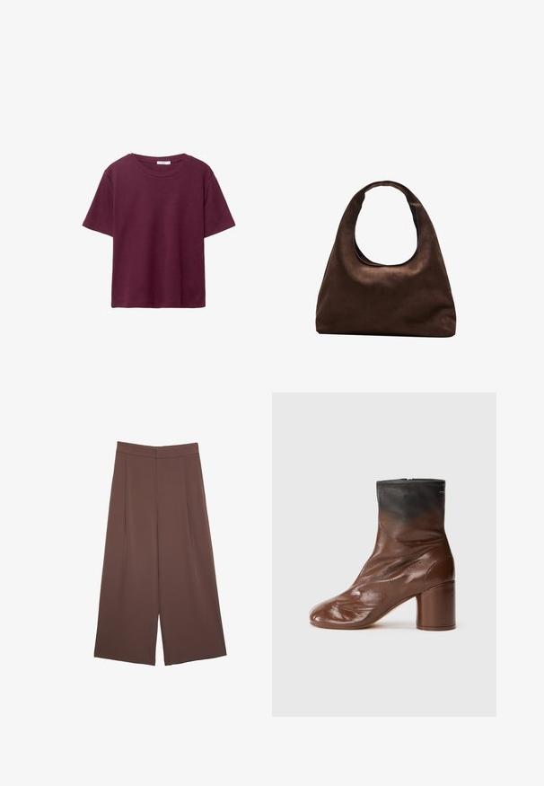 Burgundy lyhythihainen T-paita, joka on valmistettu pehmeästä puuvillasta. Siinä on klassinen pyöreä kaula-aukko ja rento istuvuus. Yksinkertainen pinta, ei kuvioita tai koristeita.; Ruskeat leveälahkeiset housut, joissa on sileä pinta, korkea vyötärö ja etupleat. Kangas on kevyttä ja laskeutuu väljänä.; Ruskean nahkasaappaat nilkkapituisena, pyöreällä kärjellä, tekstuuripinnalla, mustalla yläosalla ja paksulla korkolla. Vetoketjulukitus takana.; Pehmeä ruskea hobo-tyylinen käsilaukku, jossa on yksi leveä olkahihna ja kaareva yläosan aukko, esitelty valkoista taustaa vasten.