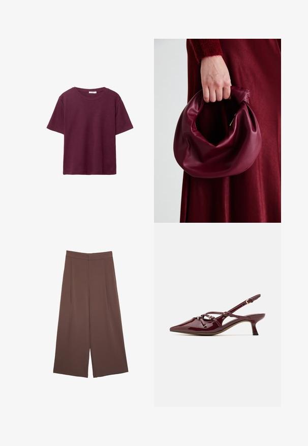 Bordo kratka majica z dolgimi rokavi iz mehkega bombaža. Ima klasičen krogec za vrat in sproščen kroj. Enostavna tekstura, brez vzorcev ali dodatkov.; Rjave široke hlače z gladko teksturo, ki imajo visok pas in sprednje naborke. Tkanina je lahka in prosto pada.; Burgundska lakasta slingback obuća s špicastim nosom, malim petama, dekorativnim detaljima remena i sjajnim završetkom.; Bordo usnjeni ročni torbici s mehak, nabrana zasnova in okrogla oblika. Ročaj je varen in prikazuje gladko teksturo.