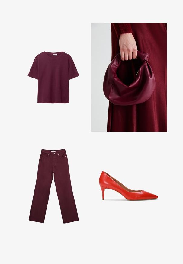 Vínová krátkosrstá trička vyrobené z měkké bavlny. Má klasický kulatý výstřih a volný střih. Hladký povrch, bez vzorů nebo akcentů.; Burgundské džíny s vysokým pasem a rovnými nohavicemi, s předními kapsami, zapínáním na knoflík a měděnými kovovými akcenty.; Červená kožená lodička na vysokém podpatku s špičatou špičkou a štíhlým podpatkem o výšce 6,5 cm. Hladká textura s minimálními detaily a strukturovanou siluetou.; Burgundská kožená kabelka s měkkým, nabíraným designem a zaobleným tvarem. Ucho je zajištěné a vykazuje hladkou texturu.
