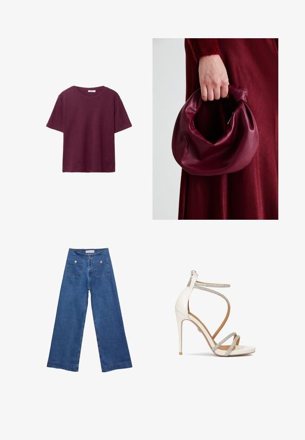 Vínová krátkosrstá trička vyrobené z měkké bavlny. Má klasický kulatý výstřih a volný střih. Hladký povrch, bez vzorů nebo akcentů.; Džínové kalhoty širokého střihu s středně modrým omakem, dvěma předními kapsami se zapínáním na knoflíky a prošíváním podél lemů.; Bílé vysoké sandály na podpatku s třpytivými stříbrnými pásky, otevřenou špičkou a zipovým uzávěrem na zadní straně. Hladká textura, elegantní design a špičatý podpatek.; Burgundská kožená kabelka s měkkým, nabíraným designem a zaobleným tvarem. Ucho je zajištěné a vykazuje hladkou texturu.
