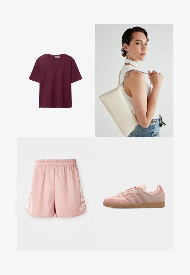 Burgundské tričko s krátkym rukávom vyrobené z jemnej bavlny. Má klasický okrúhly výstrih a voľný strih. Jednoduchá textúra, bez vzorov alebo akcentov.; Ružové športové šortky s elastickým pásom, bočnými bielymi pruhmi a malým logom na dolnom ľavom prednom diely. Hladká textúra látky.; adidas Originals SAMBA OG - Tenisky - quartz/mauve; Biely obdĺžnikový kabelka z lesklého materiálu s strieborným reťazovým popruhom. Model predvádza kabelku na jednotnom pozadí.