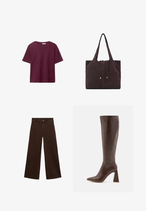 Bordeaux kortærmet T-shirt lavet af blødt bomuld. Har en klassisk rund halsudskæring og en afslappet pasform. Ensfarvet tekstur, ingen mønstre eller accenter.; Brune viddebukser i en bomuldsblanding, med en frynset kant, frontknaplukning og klassisk fem-lomme design. Minimalistiske og alsidige.; RAID TENBY - Høje støvler/ Støvler - brown; Mango Shopping bags - dark brown