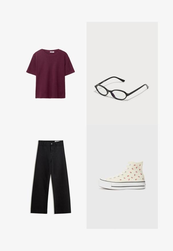 Burgundské tričko s krátkym rukávom vyrobené z jemnej bavlny. Má klasický okrúhly výstrih a voľný strih. Jednoduchá textúra, bez vzorov alebo akcentov.; Čierne denimové nohavice s širokými nohavicami a vysokým pásom, so prednými a zadnými vreckami, šitými švami a zapínaním na gombík. Hladká textúra.; Vysoké tenisky z žltého plátna so vzorom malých červených jahôd, biele šnúrky a biely podpätok so čiernymi pruhmi.; Čierne okuliare s oválnym rámom a priesvitnými fialovými akcentmi na sklách. Rámy majú matný povrch a štíhle, priame nožičky.; Hnedá kožená kabelka cez telo s zakriveným tvarom, zlatými kovovými doplnkami a akcentom s prackou. Obsahuje odnímateľný ramenný popruh.