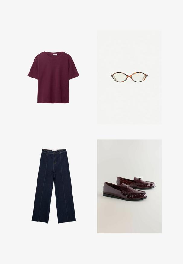 T-shirt bordeaux a maniche corte realizzato in morbido cotone. Presenta un classico scollo rotondo e una vestibilità rilassata. Tessuto semplice, senza motivi né accenti.; Pantaloni in denim scuro a gamba larga con cuciture a contrasto, vita alta e taglio dritto. Presentano tasche anteriori e una chiusura classica con bottone.; Mocassini in pelle patinata borgogna con punta arrotondata, fascetta decorativa e dettagli di cucitura sottile. Suola in gomma nera.; Occhiali in tartaruga con lenti ovali e una finitura liscia e elegante. Presentano aste sottili con una leggera curva alle tempie. Lenti trasparenti.
