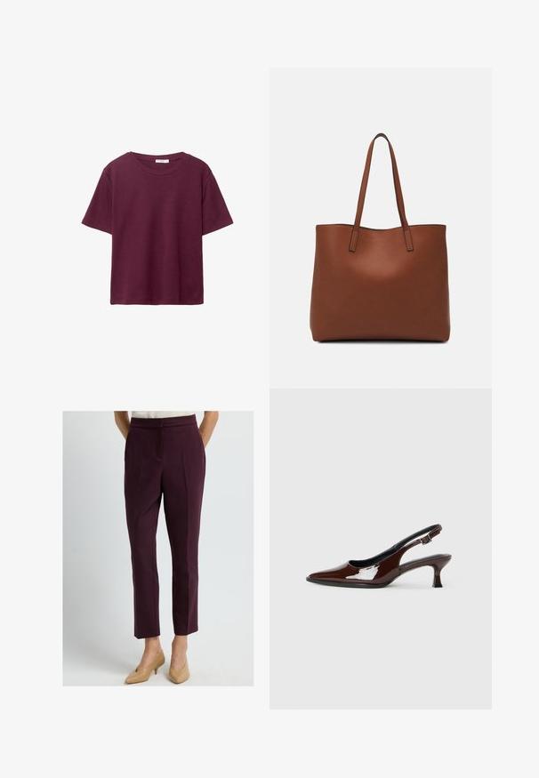 Burgunderfarbene Kurzarm-T-Shirt aus weicher Baumwolle. Mit einem klassischen Rundhalsausschnitt und einer lockeren Passform. Einfarbig, ohne Muster oder Akzente.; Frau in maßgeschneiderten burgunderroten, knöchellangen Hosen und beigen, flachen, spitz zulaufenden Schuhen, die vor einem schlichten Hintergrund steht.; Braune Lackleder-Slingback-Schuhe mit spitzer Zehe und moderatem Absatz. Mit einem Schnallenriemen für einen sicheren Sitz. Glatte Textur.; Braune Leder-Tote mit glatter Textur, offenem Oberteil und zwei Schulterriemen. Verfügt über minimale Nähte und keine sichtbaren Beschläge.