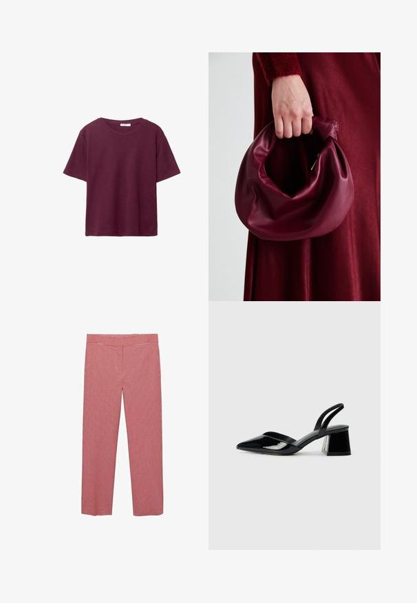 T-shirt bourgogne à manches courtes en coton doux. Présente un col rond classique et une coupe décontractée. Texture unie, sans motifs ni accents.; Pantalons à carreaux rouges et blancs avec un design à jambes larges, une texture lisse et une taille mi-haute. Convient pour un usage décontracté.; Escarpins en cuir verni noir avec bout pointu et talon bloc géométrique. Présente un design élégant et minimaliste ainsi qu'une texture lisse.; Sac à main en cuir bordeaux au design doux et froncé, avec une forme arrondie. La poignée est fixée, mettant en valeur une texture lisse.