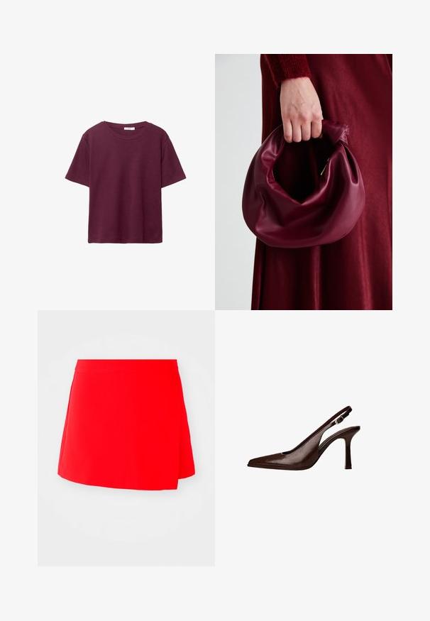Burgunderfarbene Kurzarm-T-Shirt aus weicher Baumwolle. Mit einem klassischen Rundhalsausschnitt und einer lockeren Passform. Einfarbig, ohne Muster oder Akzente.; Roter Minirock mit glatter Textur, asymmetrischem Design und taillierter Passform. Keine sichtbaren Beschläge oder Muster.; Braune Leder-Slingback-Pumps mit spitzer Zehenform und dünnem Absatz. Sie verfügen über eine kleine Akzent-Schnalle am Riemen und eine glänzende Oberfläche.; Burgunderleder-Handtasche mit einem weichen, gerafften Design und einer gerundeten Form. Der Griff ist gesichert und zeigt eine glatte Textur.