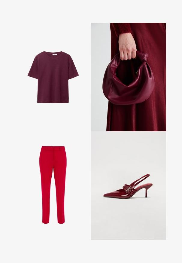 Burgundské tričko s krátkym rukávom vyrobené z jemnej bavlny. Má klasický okrúhly výstrih a voľný strih. Jednoduchá textúra, bez vzorov alebo akcentov.; WE Fashion SLIM FIT - Nohavice chinos - red; Červené lakované kožené sandále na podpätku s jemne špičatou špičkou, dvoma prackovými remienkami a štíhlym, stredne vysokým ihlovým podpätkom. Hladký povrch.; Burgundská kožená kabelka s mäkkým, zhromaždeným dizajnom a zaobleným tvarom. Rukoväť je pevne zaisťujúca a vystavuje hladkú textúru.