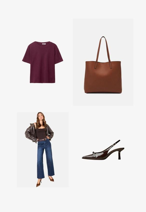 Burgundské tričko s krátkym rukávom vyrobené z jemnej bavlny. Má klasický okrúhly výstrih a voľný strih. Jednoduchá textúra, bez vzorov alebo akcentov.; Hnedá kožená bunda, čierny body, modré široké nohavice s vysokým pásom, hnedý opasok a hnedé vysoké podpätky.; Hnedá laková slingback obuv s špicatou špičkou, nízkym opätkom a dekoratívnou mašľou vpredu. Hladká, lesklá štruktúra.; Hnedá kožená taška na rameno s hladkou textúrou, otvoreným vrchom a dvoma ramenými popruhmi. Má minimálne šitia a žiadne viditeľné kovania.
