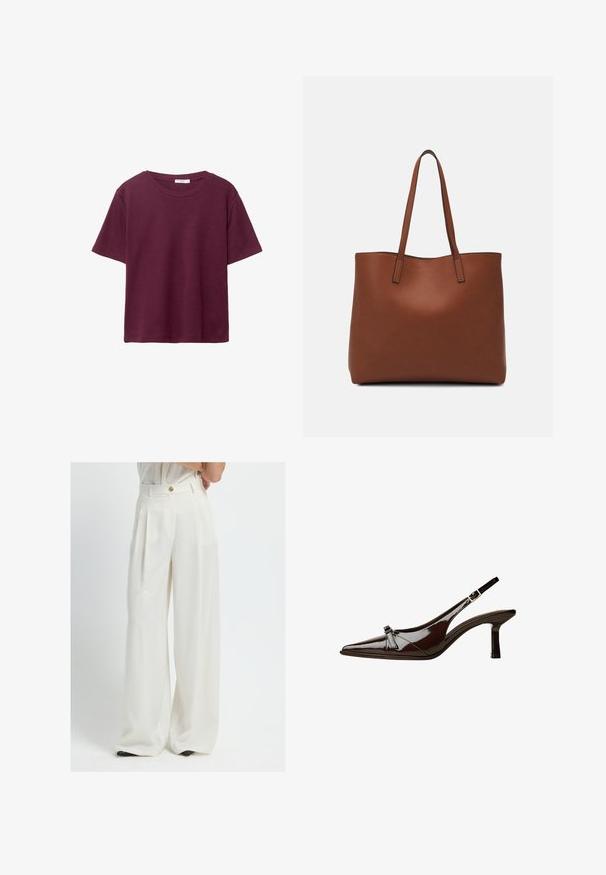 Burgundy lyhythihainen T-paita, joka on valmistettu pehmeästä puuvillasta. Siinä on klassinen pyöreä kaula-aukko ja rento istuvuus. Yksinkertainen pinta, ei kuvioita tai koristeita.; Valkoiset leveälahkeiset housut, joissa on korkea vyötärö, etupleatit ja kultainen nappisulku. Sileä pinta ja istuva malli.; Ruske patenttimuoviset slingback-kengät, joissa on terävä kärki, matala korko ja koristeellinen kaarroke etuosassa. Sileä, kiiltävä pinta.; Ruskea nahkainen olkalaukku, jossa on sileä pinta, avoin yläosa ja kaksi olkahihnaa. Omaavat vain minimaalisen ompelun eikä näkyvää metalliosaa.