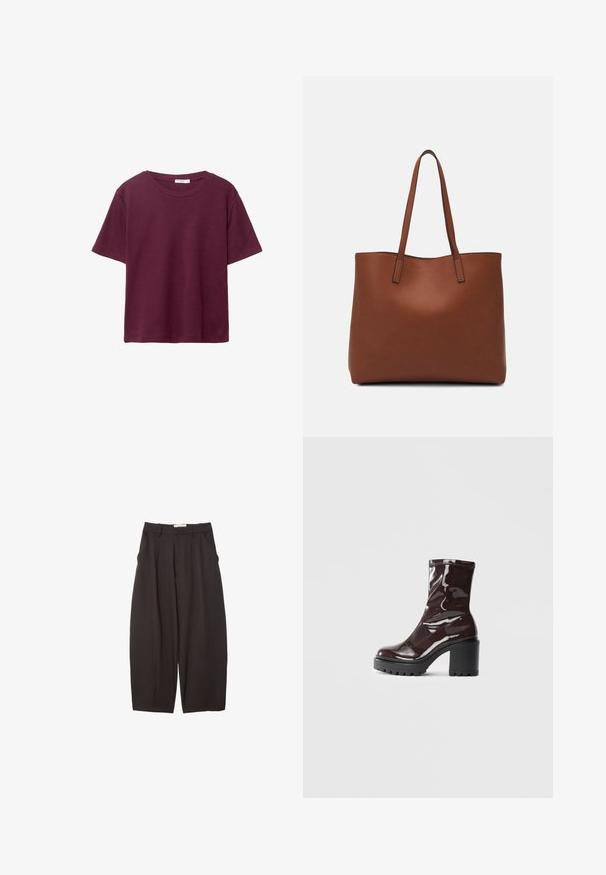 Bordeaux korteboven T-shirt van zachte katoen. Heeft een klassieke ronde halslijn en een relaxte pasvorm. Effen textuur, geen patronen of accenten.; Zwarte wijde broek gemaakt van een gladde stof, met een hoge taille, voorplooien en zijzakken. Eenvoudig ontwerp zonder versieringen.; Glanzende bordeauxrode enkelboot met een chunky zwarte hak, met een gladde textuur en een eenvoudig ontwerp. Geen zichtbare sluitingen of patronen.; Bruine leren tote bag met een gladde textuur, een ontwerp met een open bovenkant en twee schouderbanden. Kenmerkt zich door minimale stiksels en geen zichtbare hardware.