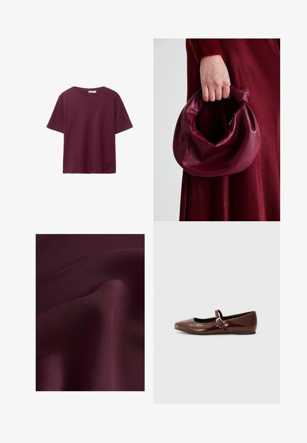 Bordeaux korteboven T-shirt van zachte katoen. Heeft een klassieke ronde halslijn en een relaxte pasvorm. Effen textuur, geen patronen of accenten.; Next ELASTICATED BACK WIDE REGULAR FIT - Broek - burgundy red; Bruine gepatineerde leren balletschoen met een vierkante neus en een bandje met een kleine gouden gesp. Gladde textuur, lage hak en minimalistisch ontwerp.; Bordeaux leren handtas met een zacht, gegathered ontwerp en een ronde vorm. De handgreep is stevig bevestigd en toont een gladde textuur.