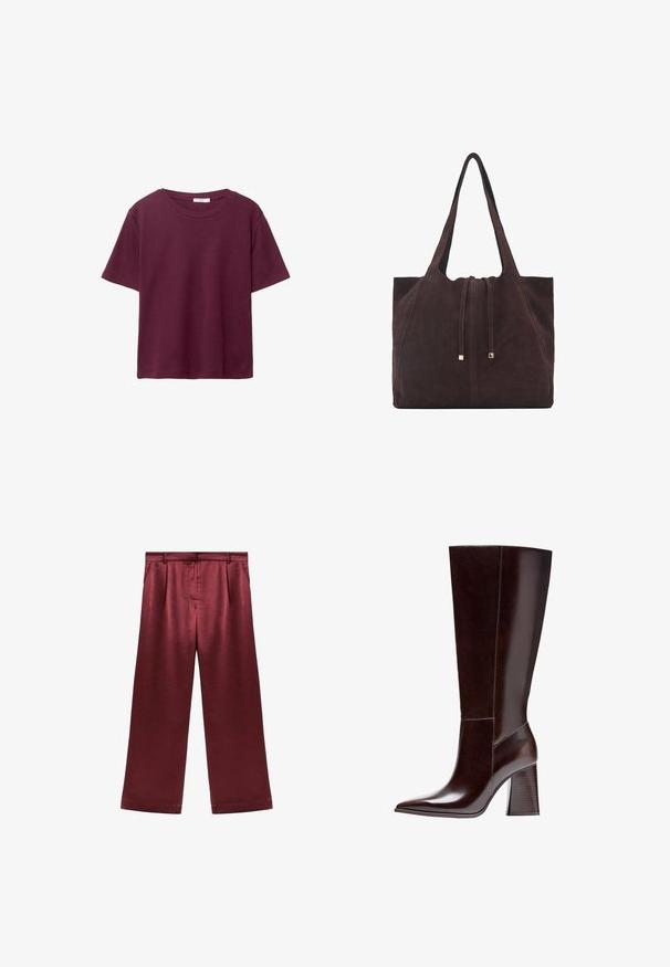 Burgundy lyhythihainen T-paita, joka on valmistettu pehmeästä puuvillasta. Siinä on klassinen pyöreä kaula-aukko ja rento istuvuus. Yksinkertainen pinta, ei kuvioita tai koristeita.; Burgundy levelehiset housut, jotka on valmistettu satiinista, jossa on sileä rakenne. Housuissa on korkea vyötärö ja kaksi sivutaskua toiminnallisten yksityiskohtien vuoksi.; Korkean varren ruskeat nahkasaappaat, joissa on terävä kärki ja teksturoitu jalkapohja. Ominaisuuksiin kuuluu selkeä muotoilu ja vähäiset ompeleet.; Mango Shopping bag - dark brown