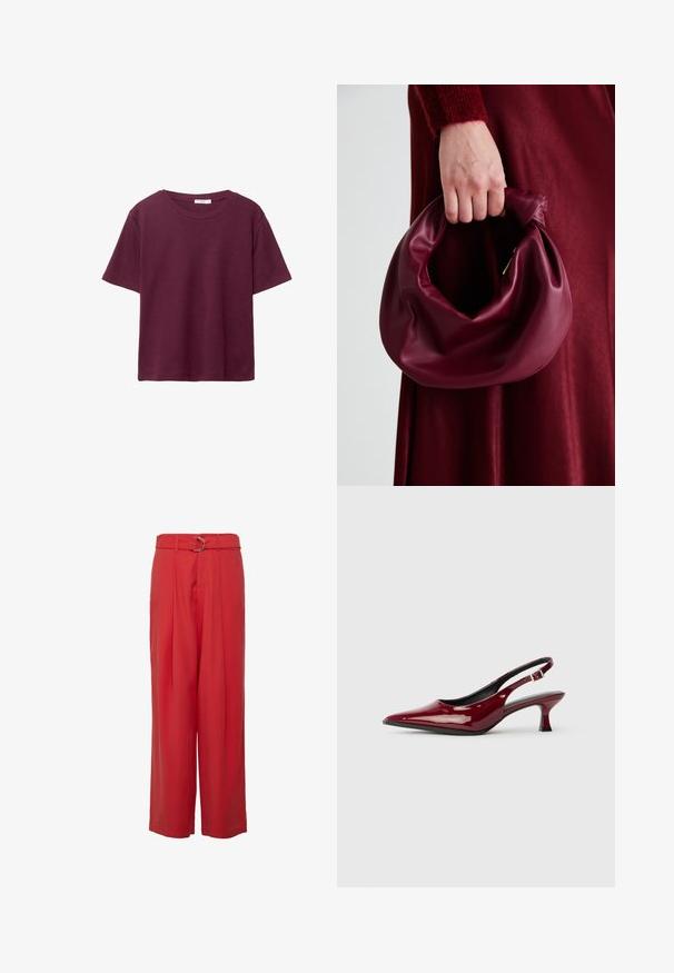 Burgundy short-sleeve T-shirt made of soft cotton. Features a classic round neckline and a relaxed fit. Plain texture, no patterns or accents.; Red wide-leg trousers made of lightweight fabric, featuring a high waist with a belt and silver hardware, and front pleat details.; Burgundy patent leather slingback heels with a pointed toe and a sleek stiletto heel. Open back design with adjustable ankle strap detail.; Burgundy leather handbag with a soft, gathered design and a rounded shape. The handle is secured, showcasing a smooth texture.
