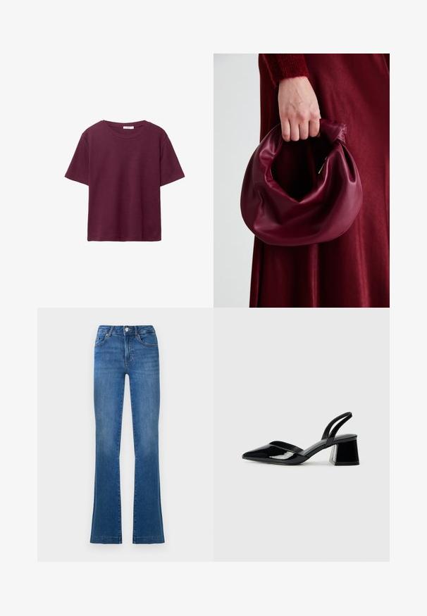 Vínová krátkosrstá trička vyrobené z měkké bavlny. Má klasický kulatý výstřih a volný střih. Hladký povrch, bez vzorů nebo akcentů.; Modré zvonové džíny vyrobené z džínsoviny, s klasickým pětikapsovým designem, předním zapínáním na knoflík a mírně vybledlými oblastmi na stehnech.; Černé lakované kožené lodičky na pásku s špičatou špičkou a geometrickým blokovým podpatkem. Vyznačují se elegantním, minimalistickým designem a hladkým povrchem.; Burgundská kožená kabelka s měkkým, nabíraným designem a zaobleným tvarem. Ucho je zajištěné a vykazuje hladkou texturu.