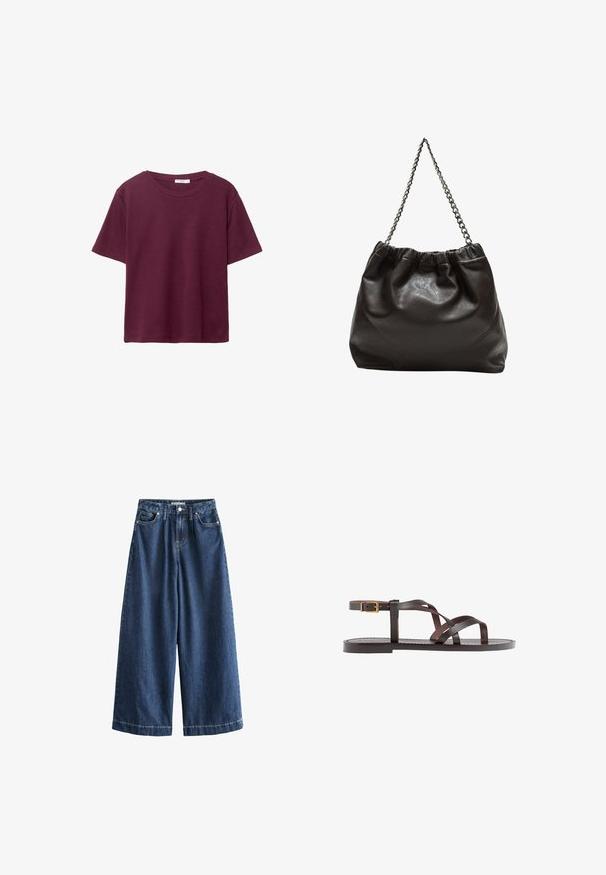 Bordo kratka majica z dolgimi rokavi iz mehkega bombaža. Ima klasičen krogec za vrat in sproščen kroj. Enostavna tekstura, brez vzorcev ali dodatkov.; Široke traperice v temno modri barvi. Narejene iz trdnega bombaža, z visokim pasom, sprednjimi žepi in ravnimi, krajšimi robovi z vidnim šivanjem.; Rjav usnjen sandal z načinom prečnega črta, zaklepom okoli gležnja in ravnim podplatom z minimalnimi šivi.; Rjava usnjena torba z nabranim vrhom in verižnim trakom. Gladka tekstura z sijajno površino in subtilnimi šivi na straneh.