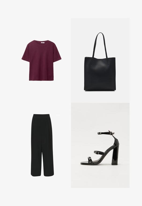 Bordeaux korteboven T-shirt van zachte katoen. Heeft een klassieke ronde halslijn en een relaxte pasvorm. Effen textuur, geen patronen of accenten.; Zwarte wijde broek met een tailleband, met twee plooien aan de voorkant en een gladde, niet-geweven stof. Geen zichtbare zakken of versieringen.; Zwarte gepatenteerde sandalen met hak en een vierkante neus, enkelbandjes en zilveren gespen. Heeft een stevige blokhak voor stabiliteit.; Zwarte leren handtas met een gladde textuur, rechthoekige vorm en twee lange handvaten. Geen zichtbare hardware of versieringen.