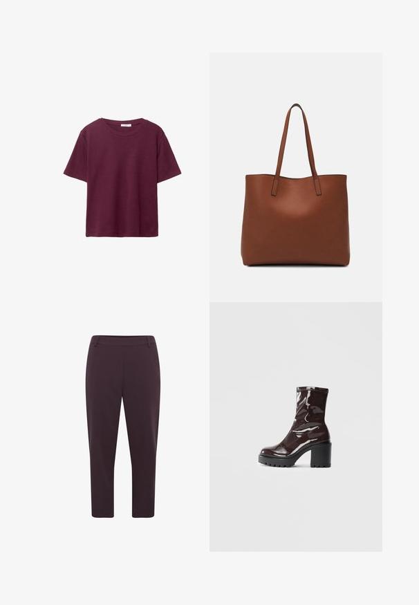 Burgundska majica s kratkim rukavima izrađena od mekanog pamuka. Ima klasičan okrugli izrez i ležeran kroj. Jednostavan materijal, bez uzoraka i akcenata.; Tamno ljubičaste hlače ravnog kroja, skraćene dužine i glatkog materijala. Imaju ravni pojas i bez vidljivih kopčanja.; Sjajna burgundska čizma do gležnja s debelim crnim potplatom, koja se odlikuje glatkom teksturom i jednostavnim dizajnom. Nema vidljivih kopčanja ili uzoraka.; Smeđa kožna torba preko ramena s glatkom teksturom, otvorenim vrhom i dvjema naramenicama. Ima minimalne šavove i nema vidljivog hardvera.