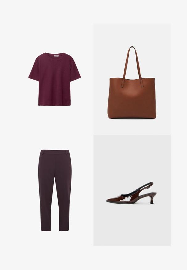 Bordeaux korteboven T-shirt van zachte katoen. Heeft een klassieke ronde halslijn en een relaxte pasvorm. Effen textuur, geen patronen of accenten.; Donkerpaarse broeken met een rechte pasvorm, verkorte lengte en gladde stof. Heeft een platte tailleband en geen zichtbare sluitingen.; Bruine gepatineerde leren slingback-schoen met een spitse neus en een gematigd hakje. Voorzien van een gespsluiting voor een veilige pasvorm. Glad van textuur.; Bruine leren tote bag met een gladde textuur, een ontwerp met een open bovenkant en twee schouderbanden. Kenmerkt zich door minimale stiksels en geen zichtbare hardware.