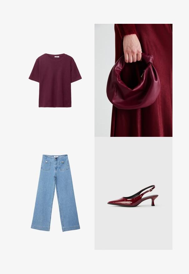 T-shirt bordeaux a maniche corte realizzato in morbido cotone. Presenta un classico scollo rotondo e una vestibilità rilassata. Tessuto semplice, senza motivi né accenti.; Jeans larghi di denim blu chiaro, dotati di due tasche frontali con bottoni dorati, taglio dritto e finitura orlata.; Décolleté in pelle verniciata bordeaux con punta affusolata e tacco a spillo elegante. Design aperto sul retro con dettaglio della fascia alla caviglia regolabile.; Borsa in pelle bordeaux con un design morbido e arricciato e una forma arrotondata. Il manico è fissato, mostrando una texture liscia.