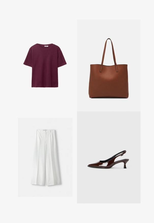 Bordeaux korteboven T-shirt van zachte katoen. Heeft een klassieke ronde halslijn en een relaxte pasvorm. Effen textuur, geen patronen of accenten.; Bershka WIDE-LEG TAILORED - Broek - white; Bruine gepatineerde leren slingback-schoen met een spitse neus en een gematigd hakje. Voorzien van een gespsluiting voor een veilige pasvorm. Glad van textuur.; Bruine leren tote bag met een gladde textuur, een ontwerp met een open bovenkant en twee schouderbanden. Kenmerkt zich door minimale stiksels en geen zichtbare hardware.