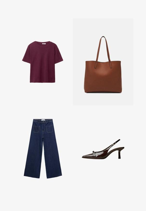 Bordo kratka majica z dolgimi rokavi iz mehkega bombaža. Ima klasičen krogec za vrat in sproščen kroj. Enostavna tekstura, brez vzorcev ali dodatkov.; Široke denim hlače temno modre barve, ki imajo visok pas, štiri žepke in vidne šive. Gladka tekstura z klasičnim krojem.; Rjave lakirane slingback čevlje z oglatim nosom, nizko peto in dekorativno pentljo na sprednji strani. Gladka, sijoča tekstura.; Rjava usnjena torba z gladko teksturo, odprto zasnovo zgoraj in dvema naramnima trakovoma. Opremljena je z minimalnim šivanjem in brez vidnih kovinskih delov.