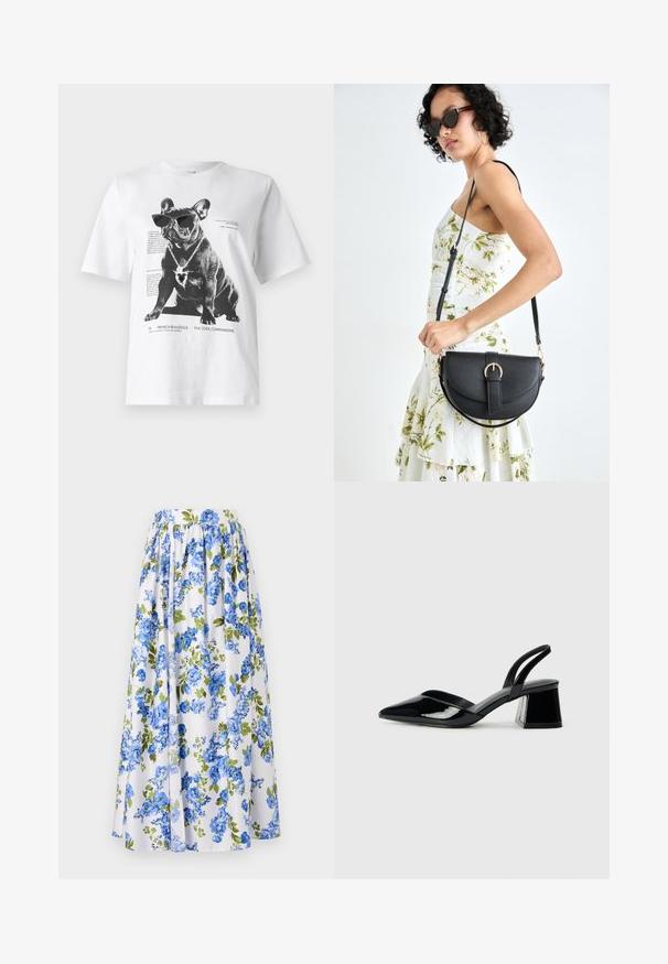 Camiseta gráfica blanca con un bulldog francés negro que lleva gafas de sol y un collar en forma de corazón, con texto impreso y detalles de diseño.; Falda maxi floral con base blanca, que presenta flores azules y hojas verdes. Cintura fruncida y tejido ligero para un diseño fluido.; Zapatos de tacón slingback de charol negro con punta afilada y tacón geométrico en bloque. Presentan un diseño elegante y minimalista, así como una textura suave.; Bolso de piel negra con forma curva, correa desmontable y herrajes dorados. El bolso cuenta con una solapa con un detalle de hebilla.