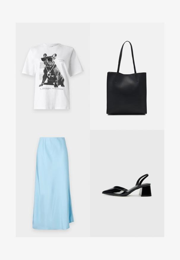Hvit grafisk t-skjorte med en svart fransk bulldog som har solbriller og et hjerteformet halskjede, med trykt tekst og design detaljer.; Lyseblå midiskjørt med glatt tekstur, med en liten sidesplitt og elastisk midjebånd for komfort og enkel påkledning.; Svarte patentlær slingback hæler med spiss tå og geometrisk blokk hæl. Har et stilrent, minimalistisk design og jevn tekstur.; Svart lær tote bag med glatt tekstur, rektangulær form og to lange håndtak. Ingen synlige deler eller dekorasjoner.