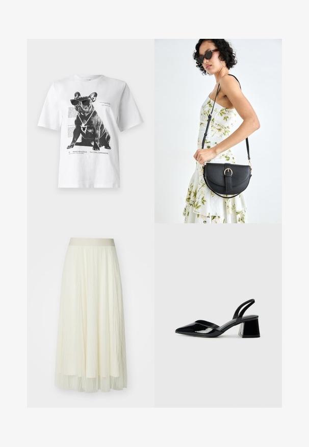 Fehér grafikai póló, fekete francia bulldoggal napszemüvegben és szív alakú nyaklánccal, nyomtatott szöveggel és dizájn részletekkel.; Ráncolt midi szoknya világos krém színben, széles gumis derékpánttal; áttetsző textúra finom függőleges vonalakkal, légies kialakítás és réteges végződés.; Fekete lakk bőr szandálkés magas sarkú cipő, hegyes orral és geometrikus tömbsarkakkal. Karcsú, minimalista dizájn és sima textúra jellemzi.; Fekete bőrtáska ívelt formával, levehető pánttal és arany színű fémrészekkel. A táskán egy csattal díszített fedél található.