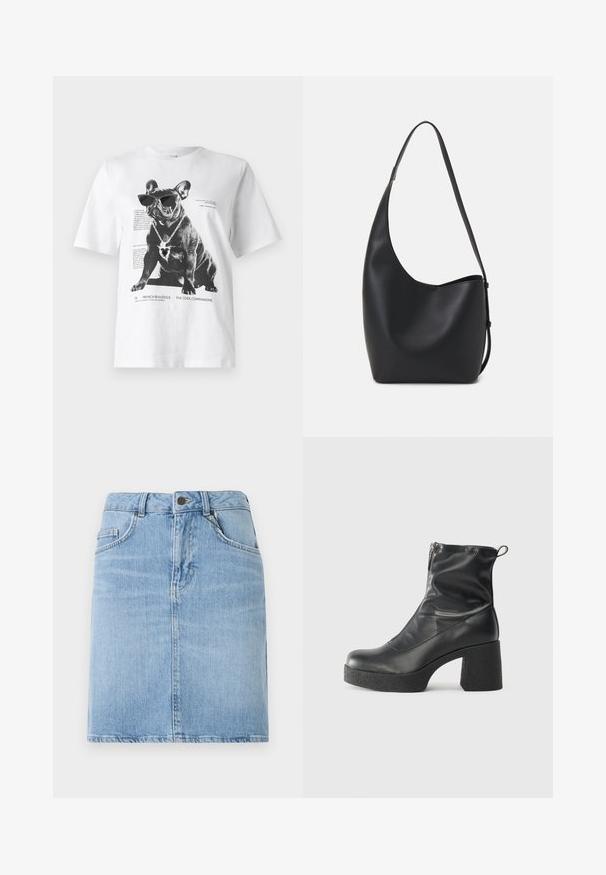 T-shirt graphique blanc avec un bulldog français noir portant des lunettes de soleil et un collier en forme de cœur, avec du texte imprimé et des détails de design.; Jupe en denim bleu clair à coupe droite, dotée de poches avant et d'une fermeture à boutons. Fini texturé avec un léger délavage.; Bottes noires à la cheville en cuir lisse, dotées d'une fermeture éclair sur le côté, d'un talon épais texturé et d'une conception à bout rond.; Sac hobo en cuir noir avec une texture lisse, une forme incurvée et une seule sangle réglable ; dispose d'une large ouverture en haut.