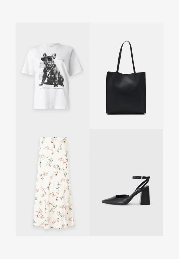 Balta grafiska T-kreklu ar melnu franču buldogu, kurš valkā saulesbrilles un sirds formas kaklarotu, ar drukātu tekstu un dizaina elementiem.; Plūstoša, krēmkrāsas svārku ar ziedu rakstu, kurā ir rozā ziedi un zaļas lapas. Mīksts audums ar nedaudz teksturētu apdari.; Melna ādas augstpapēžu kurpe ar norakstīto purngala formu, potītes siksniņu un masīlu papēdi. Gluda tekstūra, elegants dizains un minimālisma estētika.; Melnas ādas somiņa ar gludu tekstūru, taisnstūra formu un divām garām rokturiem. Nav redzamu aparatūras vai rotājumu.