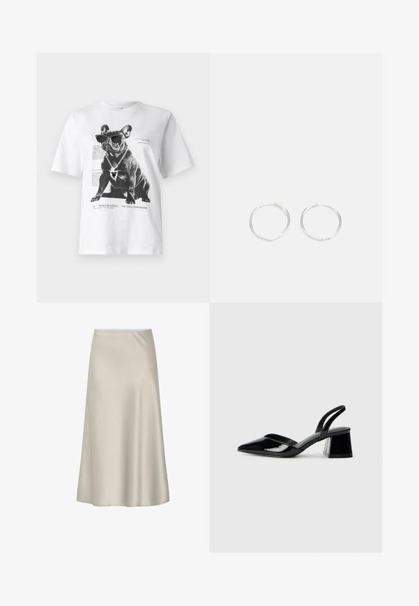 T-shirt graphique blanc avec un bulldog français noir portant des lunettes de soleil et un collier en forme de cœur, avec du texte imprimé et des détails de design.; Jupe A-line à la longueur du genou en tissu beige doux, dotée d'une texture lisse et d'un design simple et sans embellissements, avec une taille élastique.; Escarpins en cuir verni noir avec bout pointu et talon bloc géométrique. Présente un design élégant et minimaliste ainsi qu'une texture lisse.; Boucles d'oreilles en argent avec un design rond et épuré, présentant une surface lisse et sans embellissements visibles. Diamètre non spécifié.