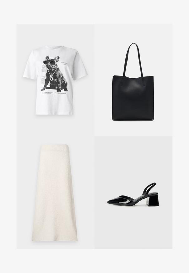 Bijela grafička majica s crnim francuskim buldogom koji nosi sunčane naočale i ogrlicu u obliku srca, s ispisanim tekstom i dizajnerskim detaljima.; Suđeni suknja od kremaste boje do koljena, izrađena od teksturiranog materijala, s rebrastim pojasom i slobodnim, lepršavim dizajnom.; Crne lakirane kožne sandale s otvorenom petom i špicastim vrhom, s geometrijskom blok petom. Imaju elegantan, minimalistički dizajn i glatku teksturu.; Crna kožna torba za nošenje s glatkom teksturom, pravokutnim oblikom i dvije duge ručke. Nema vidljivih metalnih dijelova ili ukrasa.