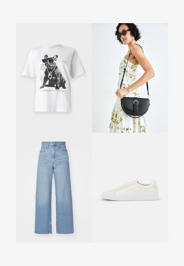 Hvit grafisk t-skjorte med en svart fransk bulldog som har solbriller og et hjerteformet halskjede, med trykt tekst og design detaljer.; Lys blå høytlivs vide jeans med knapp- og glidelås lukking foran, foran og bak lommer, på en hvit bakgrunn.; Hvite lærsneakers med en glatt tekstur, rund tå, snøring foran og flat gummisåle. Enkelt design uten mønstre eller aksenter.; Svart lærveske med en buet form, avtagbar stropp og gullbeslag. Vesken har et klaff med spenne-detall.