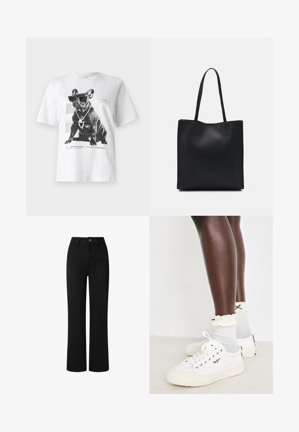 Valge grafiikaga T-särk, millel on must prantsuse buldog, kes kannab prille ja südamekujulist kaelaehet, koos trükitud teksti ja disainielementidega.; Mustad, kõrge vöökohaga püksid sirge jala disainiga, valmistatud siledast puuvillast kangast. Omab eespool taskuid ja lihtsat metallist nööbisuletust.; Valged kanvas tossud tekstureeritud tallaga, koos heledate hallide pahkluu sokkidega ja volangidega kreemivärvi äärtega; must logo tossudel.; Mustast nahast kott sujuva tekstuuriga, ristkülikukujuline ja kahe pika sangaga. Pole nähtavat riistvara ega kaunistusi.