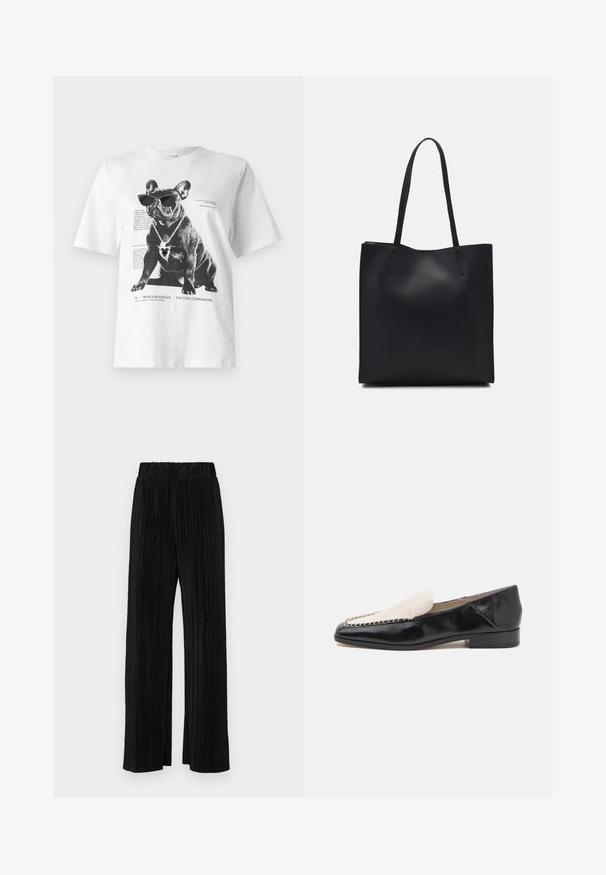 Fehér grafikai póló, fekete francia bulldoggal napszemüvegben és szív alakú nyaklánccal, nyomtatott szöveggel és dizájn részletekkel.; Fekete pliszírozott nadrág gumis derekkal. Széles lábakkal rendelkezik, sima, texturált anyagból készült, függőleges csíkokkal.; Fekete bőr loafer cipők, kontrasztos bézs bőr felsőrésszel, varrott részletekkel a szélén és alacsony sarokkal.; Fekete bőrtáska sima felszínnel, téglalap alakú, két hosszú füllel. Nincs látható fémkiegészítő vagy díszítés.