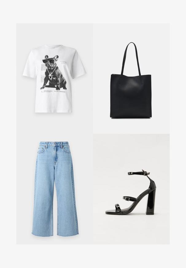 Bílý grafický tričko s potiskem, které zobrazuje černého francouzského buldoka v brýlích a s náhrdelníkem ve tvaru srdce, spolu s tištěným textem a detaily designu.; Světle modré široké džíny z denimu s vysokým pasem, předním zapínáním na knoflík a rozhalením na lemu u kotníků.; Černé lakované sandály na podpatku se čtveratou špičkou, lýtkovými pásky a stříbrnými přezkami. Disponují masivním blokovým podpatkem pro stabilitu.; Černá kožená taška přes rameno s hladkým povrchem, obdélníkovým tvarem a dvěma dlouhými uchy. Žádné viditelné kování ani ozdoby.