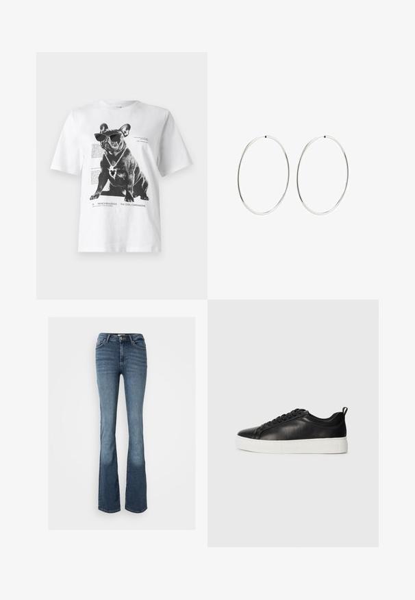 Baltos grafikos marškinėliai, kuriuose pavaizduotas juodas Prancūzų buldogas, dėvintis akinius nuo saulės ir širdies formos kaklo papuošalą, su atspausdintu tekstu ir dizaino detalėmis.; Mėlynos džinsinės kelnės su bootcut kirpimu. Yra vidutinio aukščio liemuo, penki kišeniai, subtili siuvinėjimas ir šiek tiek blukęs vaizdas ant kojų.; Juodi odiniai žemos sportinės bateliai su juodomis raištelėmis ir storu baltu guminio pado, matomi iš išorės ant balto fono.; Sidabriniai auskarai-žiedai su lygiu, apvaliu dizainu ir blizgiu paviršiumi. Jie yra ploni ir lengvi, turintys paprastą užsegimą.