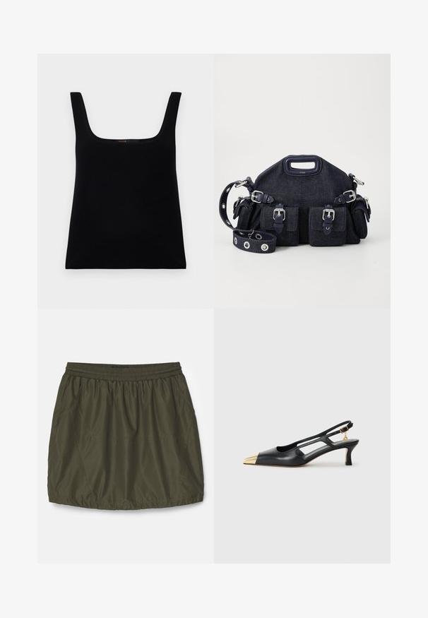 Svart, ermela tanktopp med kvadratisk utringning. Laget av glatt stoff, med et enkelt design og et sydd logo-element innvendig.; Oliven grønn, lett skjørt med elastisk midje, samlet tekstur, side lommer og sydd detaljer.; Svarte skinn slingback-sko med spiss tå og gullmetallhette. Har utskjæringsdesign og en slank hæl med justerbar stropp.; Mørkeblå denimveske med rund form, flere utvendige lommer, justerbar stropp og sølvfargede detaljer. Inkludert topphåndtak.