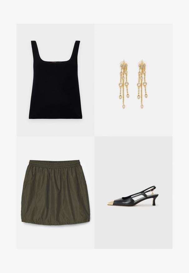 Crna, bezrukavna majica s kvadratnim izrezom. Napravljen od glatkog materijala, s jednostavnim dizajnom i ušivenim logotipom unutar majice.; Maslinasto zelena, lagana suknja s elastičnim pojasom, nabranom teksturom, bočnim džepovima i ušivenim detaljima.; Crne kožne sandale s otvorenom petom i šiljastim vrhom, zlatni metalni vrh. Imaju izrezbareni dizajn i vitku petu s podesivim remenom.; Zlatne naušnice s višestrukim kaskadnim lancima, s prozirnim ovalnim cirkonima i dekorativnim šiljcima na vrhu.
