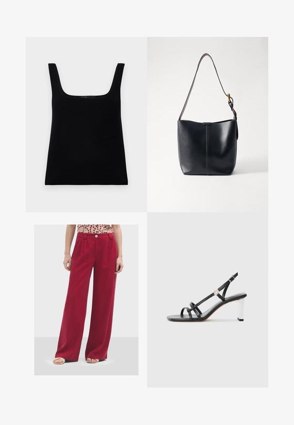 Black, sleeveless tank top with a square neckline. Made of smooth fabric, featuring a simple design and a stitched logo detail inside.; Wide-leg red trousers made of soft fabric. Features a button closure and pleats at the front. Smooth texture with a casual fit.; Black heeled sandals with multiple narrow straps, a slingback design, and a silver accent on the heel. Smooth upper material and square heel.; Black leather shoulder bag with a smooth texture, featuring a thin, long strap and a subtle stitched detail down the center.