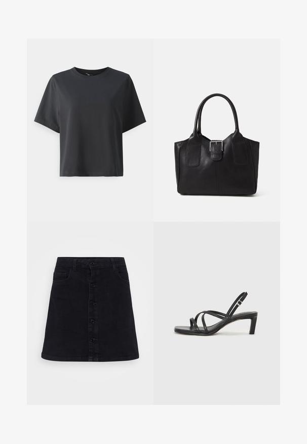 Tricou negru din bumbac, mâneci scurte, guler rotund, croială lejeră, textură netedă, design simplu, fără modele sau accente.; Fustă din denim negru cu croială dreaptă, având închidere cu buton în față, două buzunare laterale și o textură netedă.; Sandal cu barete negre, cu vârf pătrat și toc mic de bloc. Prezintă mai multe barete subțiri și o bareta ajustabilă la gleznă. Fabricat din piele netedă.; Geantă tote din piele neagră cu textură netedă, formă structurată, două mânere și un detaliu proeminent din aliaj de argint pe partea din față.